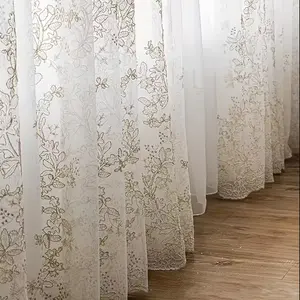 Elegant Embroidered Floral Eyelet Curtain, Semi-Transparent Polyester Drapes, Bedroom Use, All Seasons Decor, Hole Design