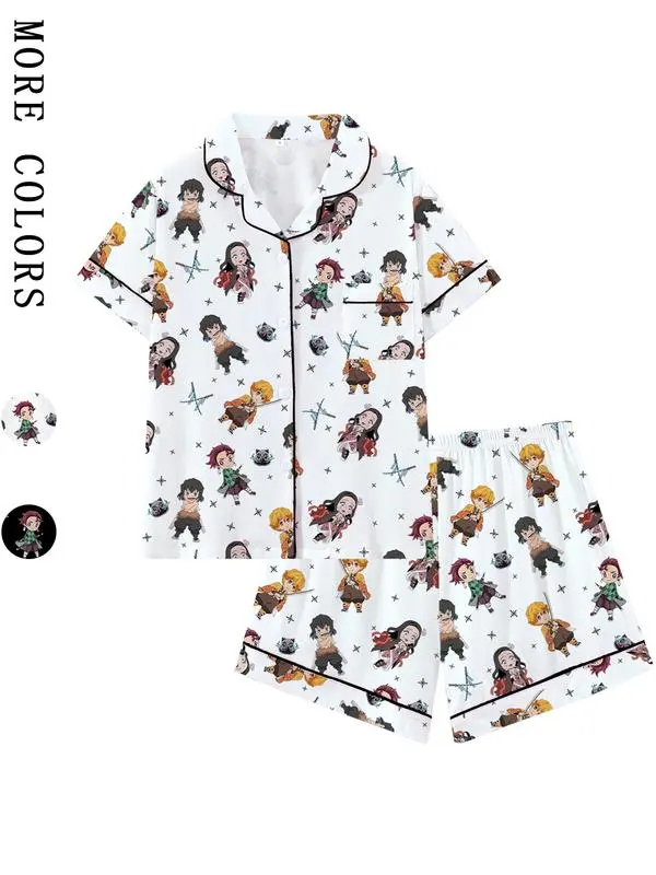 Anime Inspired Men's Pajama Set, Japanese Warrior Print Sleepwear, Collared Short Sleeve Lounge Set, Casual Two Piece Gift