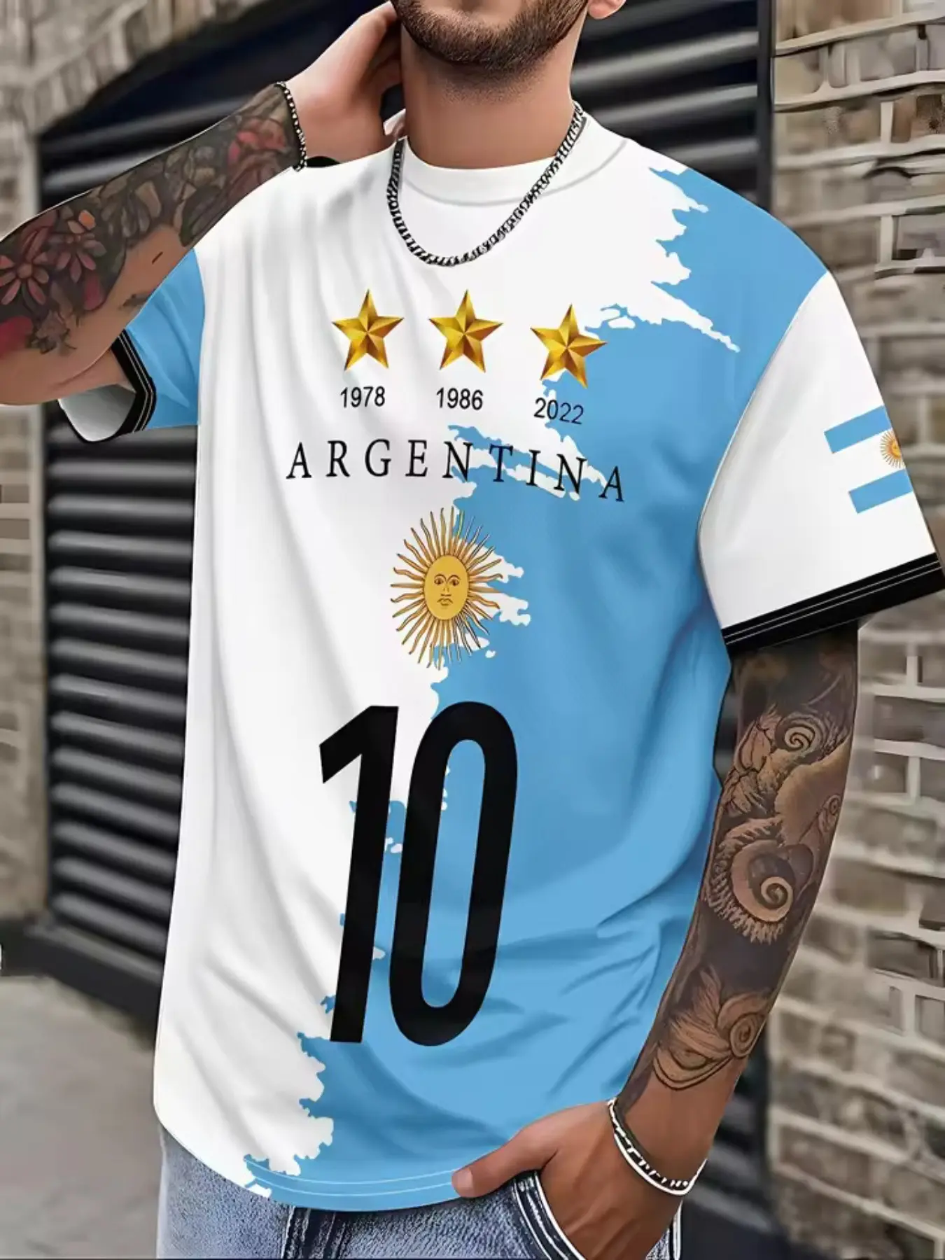 Men's Argentina National Team Football Graphic Pattern T-Shirt Tops, Sun Emblem Design, Size 10, Breathable and Cool Fabric, Short Sleeves, Casual Wear, Menswear