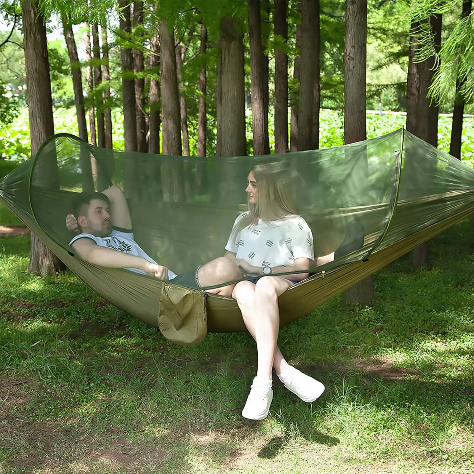 Camping Hammock with Mosquito Net, Hammocks with Bug Net 8.5ft Tree Straps Carabiners, Automatic Quick Open Outdoor Portable Hammock with Net, Nylon Parachute Material Outside Hiking Gear (Green)