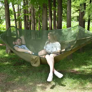 Camping Hammock with Mosquito Net, Hammocks with Bug Net 8.5ft Tree Straps Carabiners, Automatic Quick Open Outdoor Portable Hammock with Net, Nylon Parachute Material Outside Hiking Gear (Green)