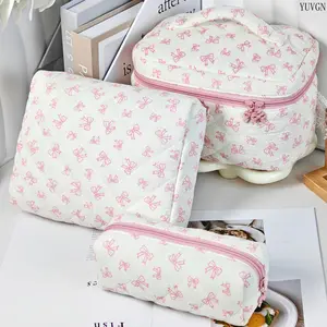 Cute Bow Print Quilted Makeup Bag, Large Capacity Portable Travel Cosmetic Organizer, Multi-Functional Storage Pouch for Toiletries, Stationery & Daily Essentials summerwins