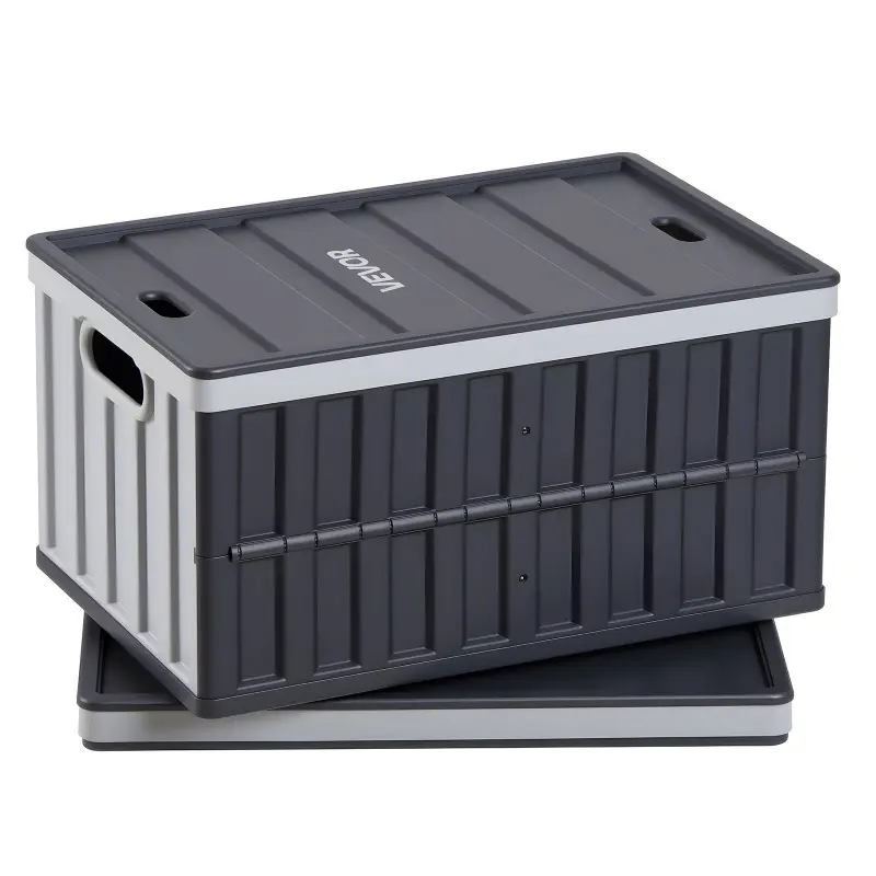 VEVOR 2-Pack 65L Rectangle Plastic Collapsible Storage Boxes, Lightweight Stackable Folding Crates with Dustproof Lids, Handles, 84 lbs Capacity Per Bin, 23.4 x 15.4 x 12.4 in, Multifunctional Heavy-Duty Household Organisers