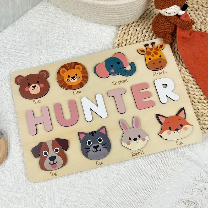 Custom Wooden Name Puzzle - Personalized baby gift Toddler Baby, Handmade Animal Toy, First Birthday Gift, Puzzles for Toddler