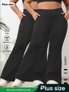 Plus Size Women's Breathable High Waist Ruched Sports Flare Pants, Abdominal Control Straight Leg Yoga Pants, Gym & Daily Wear, Two-Piece Set