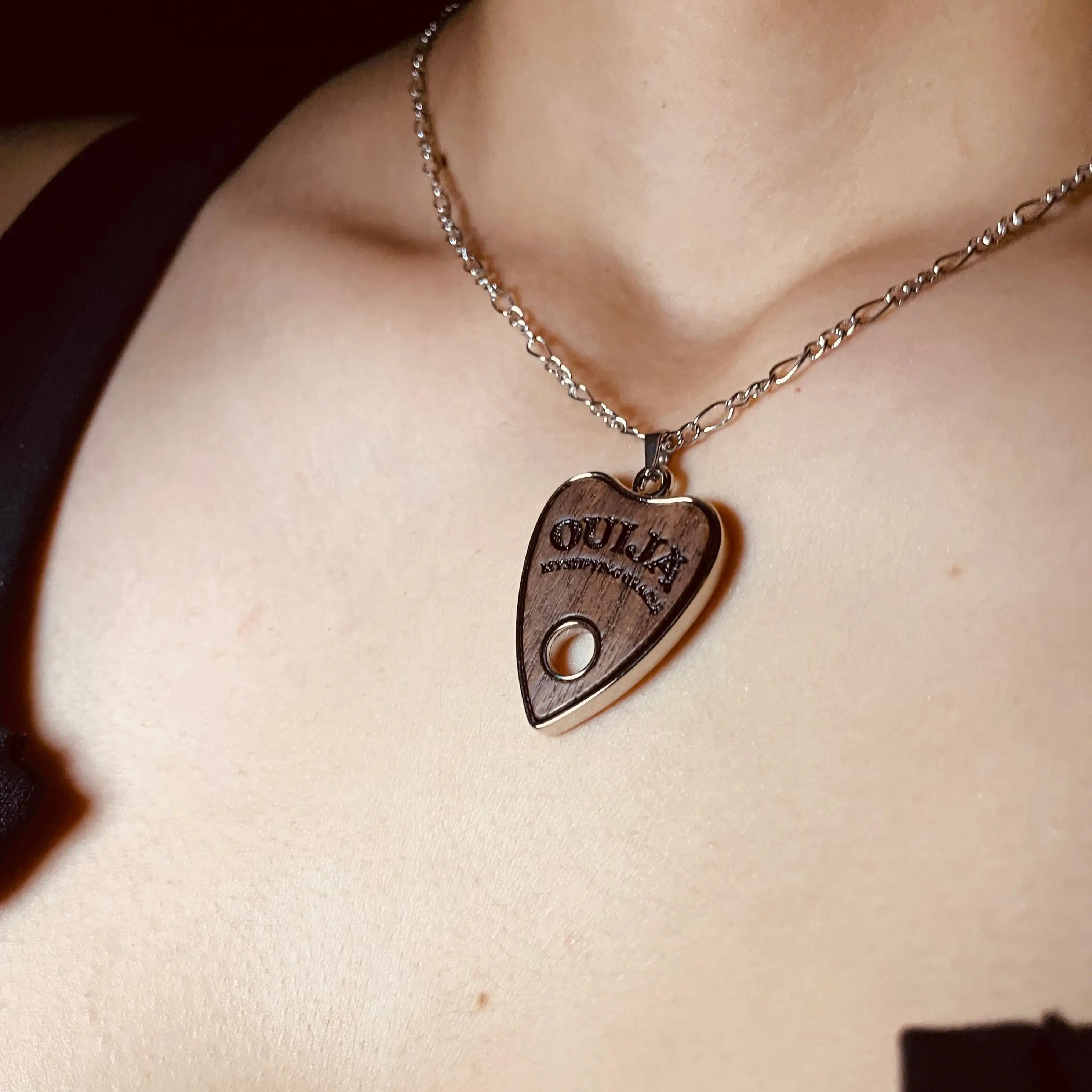 Gothic Wooden Ouija Necklace - Oak Finish Pendant with 20 Inch Double Link Chain, Unique Design & Metal Coating