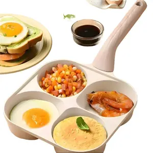 Multifunctional Non-Stick Egg Frying Pan, 4-Hole Skillet with Wooden Handle, Omelette Maker for Breakfast, Pancakes & Quick Home Cooking