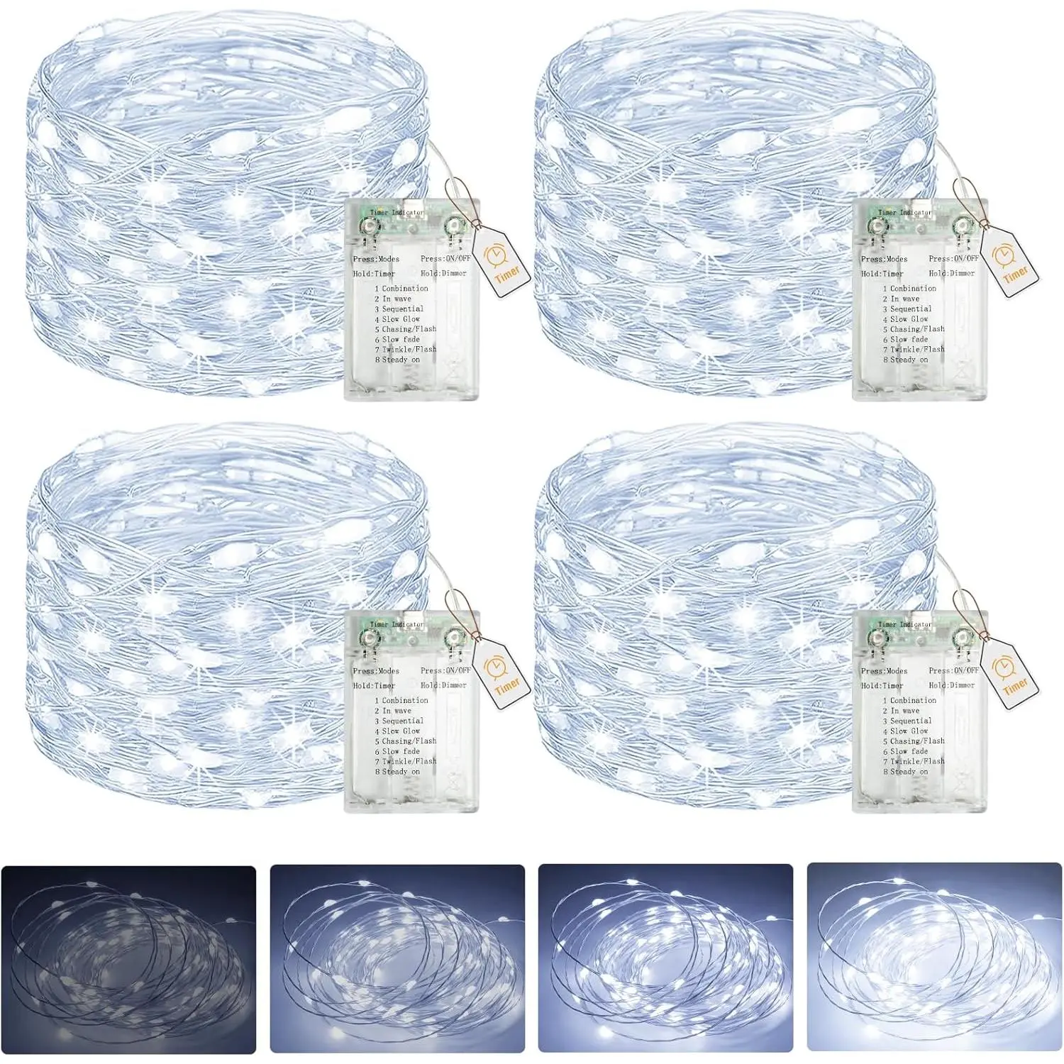 4 Pack Fairy Lights  Operated with Timer, 16.4 FT 50 LED  Wire Twinkle String Lights 8 Modes Dimmable  for Indoor Christmas Bedroom Wedding Decorations, Cool White