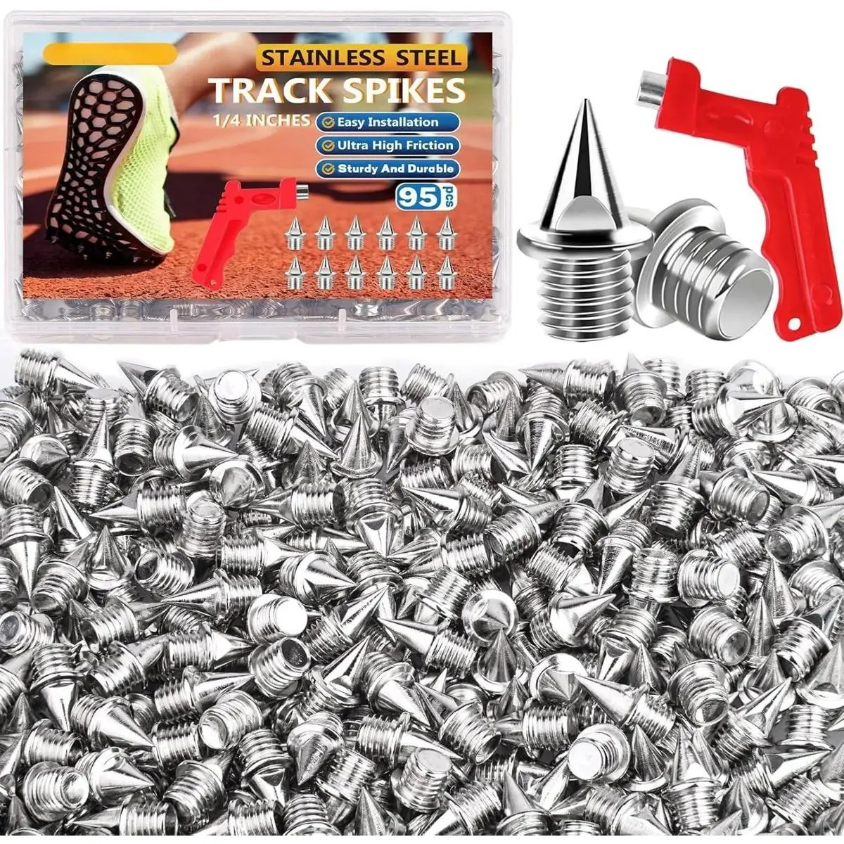 1/4 Inch Track Spikes, Stainless Steel Track and Cross Country Spikes with Spike Wrench, Replacement Spikes for Sprint Sports Short Running Climbing Track Shoes
