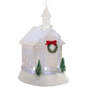 Acrylic Church Snow Globe Lighted Christmas Water Lantern 10.5 Inch