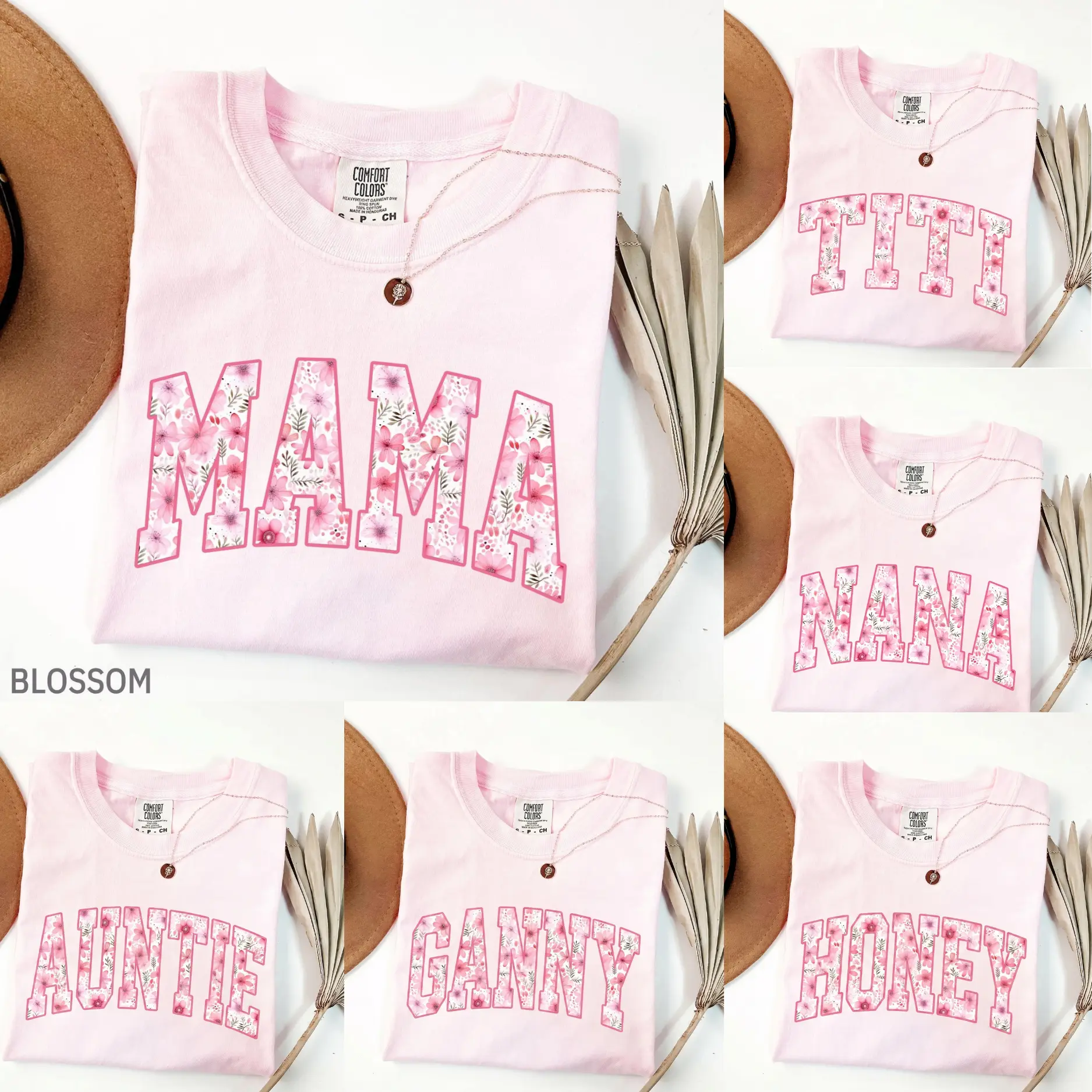 Comfort Colors Custom Printed Pink Floral Mama Shirt Set, Personalized Mom Grandma Gigi Nana Mimi Tee Collection, Family Name T-Shirts, Mother’s Day And Birthday Gift for Women - KL