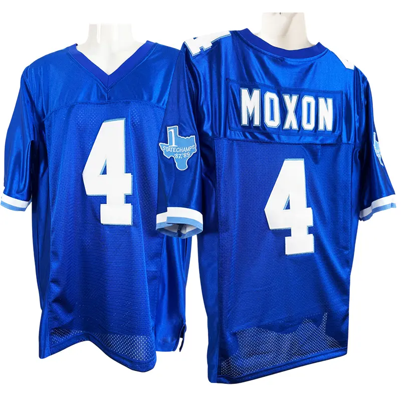 Male Moxon #4 West Canaan Coyotes Embroidered Blue V-Neck Varsity American Football Jersey Tops - High-Quality Polyester, Mesh Ventilation, S-3XL Sizes, Football Shirts, V-Neck Cut, for Training/Match Days & Daily Use, Do Not Dry Clean, Fan Apparel, Multi