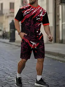 Black, Red and Purple Lightning 3D Digital Printing Two-Piece Set, 2Pcs, Trendy and Fashionable Set, Trendy Retro Casual Two-Piece Set, Vacation Style Trendy Outfit, Breathable Sports and Casual Style, a Perfect Holiday Gift for Men