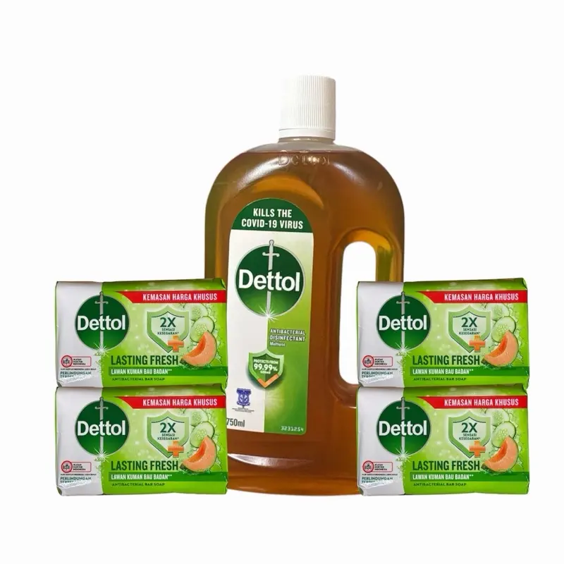 Dettol Original Antibacterial Disinfectant Liquid (750ml) & 4 Lasting Fresh Soap Bars Gentle Cleanser Set, Daily Personal Care for Intimate & General Hygiene