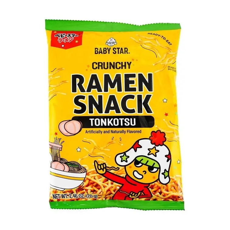 Baby Star Tonkotsu Ramen Crisps - Japanese Snacks, Salty & Savory Bite-Sized Crispy Crunchy ASMR Treats, Tiny Noodles with Tapioca Starch, Wheat, Disodium Guanylate, 70g Ambient Party Snacks for Casual Snacking