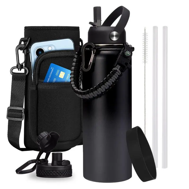 32/40/64/128 OZ Insulated Water Bottle with Straw Spout Lid, Gallon Water Bottles with Paracord Handle, Metal Stainless Steel Flask for Sports Gym Travel