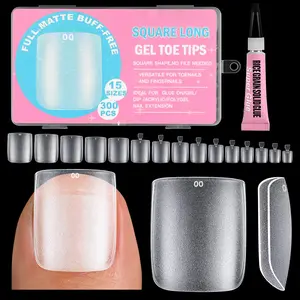 Wider Long Square Toe Nail Tips Full Cover with Glue,  Soak Off Fake Toenails Extensions DIY Home Manicure Kit for Women,300 Pcs 15 Sizes