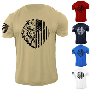 Men's Lion USA Flag T Shirt Distress American Patriotic 100% Cotton