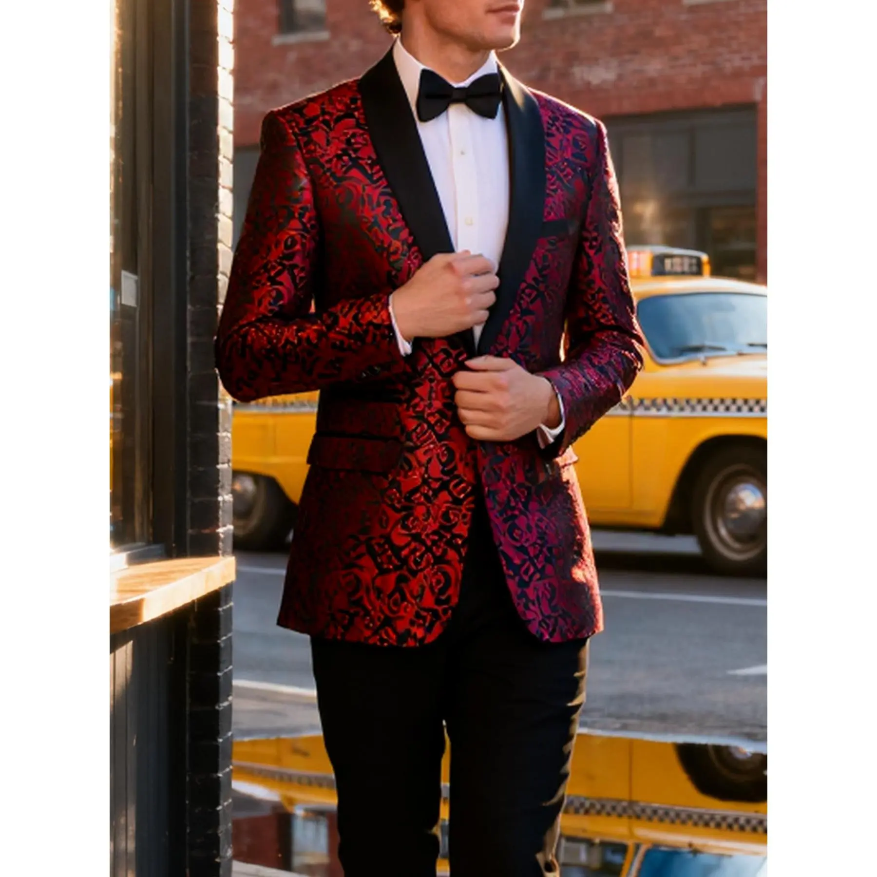 Men's Slim-Fit Elegant Floral Polyester Blend Jacquard Blazer - Long Sleeve Tuxedo Jacket with Satin Lapel, Buttons, Luxurious Finish, Versatile Statement Piece for Parties, Dry Clean Fabric, All Seasons, Fitted, Aesthetic Rayon Accent, Blazer Jacket, For