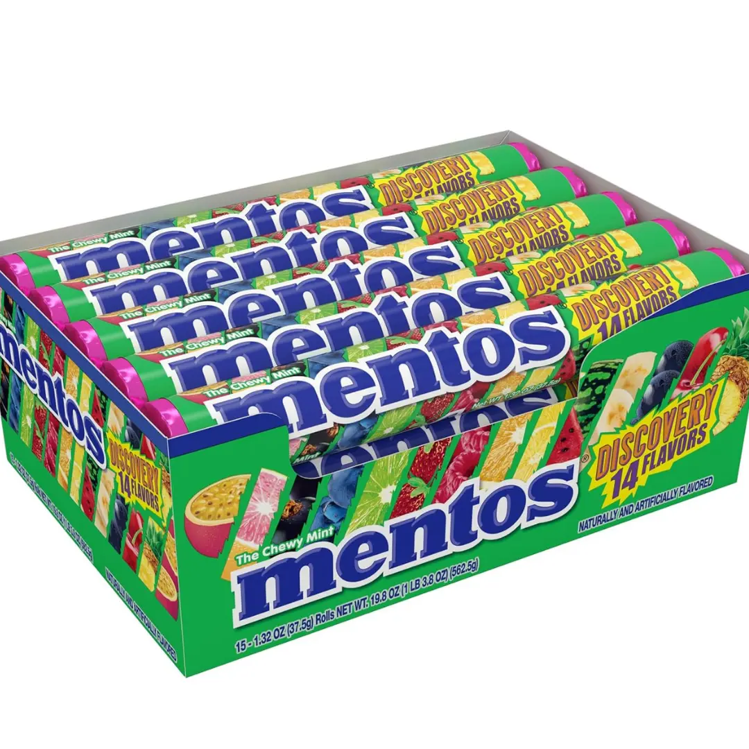 Mentos Discovery Chewy Fruit Candy - 15 Rolls, 14 Assorted Fruit Flavors, Individually Wrapped, Convenient, Includes Sugar, Natural Colors