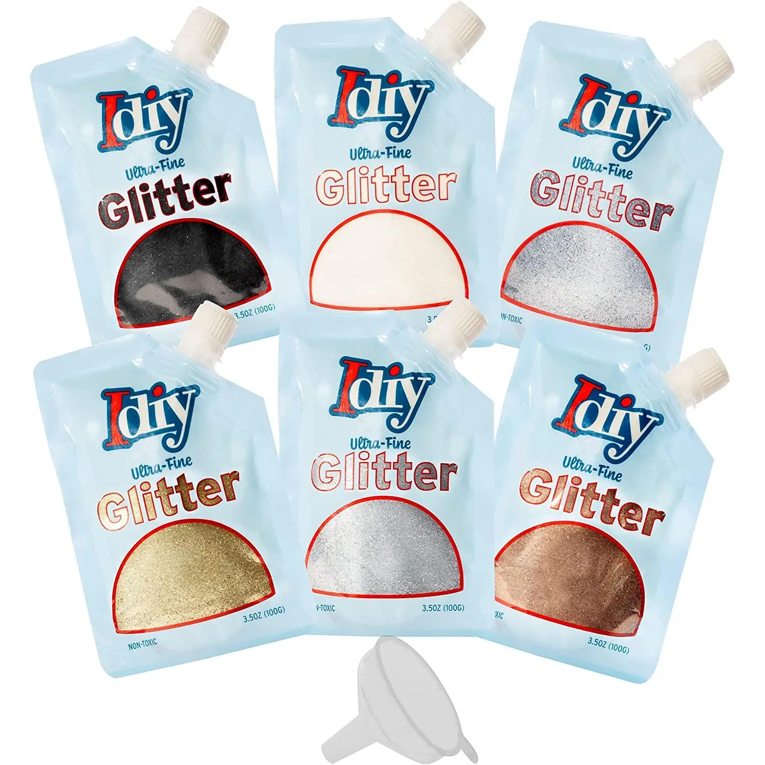 iDIY Ultra Fine Glitter 6 pk (100g, 3.5 oz Ea) w Easy-Pour Bag & Funnel-Neutral Colors Non-Toxic, DIY Arts & Crafts, School Projects, Festivals, Resin