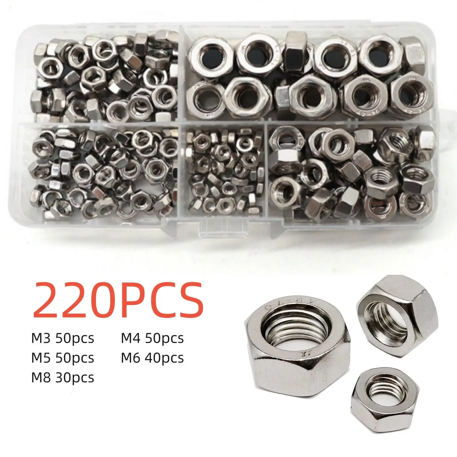 220pcs Hex Bolt Nuts Set, 304 Stainless Steel, Stainless Steel Nuts And Bolts, Assorted Nuts And Bolts, M3-M8 Sizes, Ideal for Small Appliances, Construction, Machine Installation Repair, Heavy Duty Fastening, Hex Cap Screws