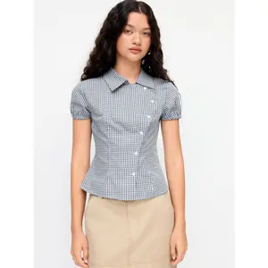 Cider Plaid Collar Asymmetrical Button Puff Short Shirt