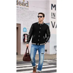 Mens Fashion Varsity Jackets Leather Sleeve Slim Fit College Baseball Letterman Bomber Coat Soft Classic Biker Style