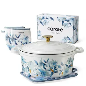 [Official]CAROTE Enameled Floral 5QT Cast Iron Dutch Oven Pot with Lid, Gift Box, Cast Iron Pot for Sourdough Bread Baking,All Stovetop Compatible, Oven Safe up to 500° F, White & Blue