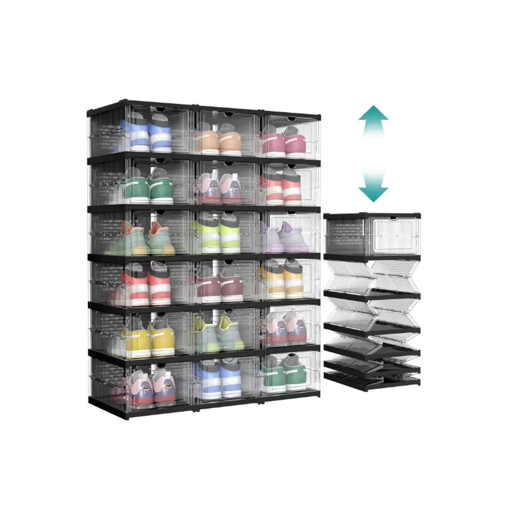 SONGMICS Collapsible Transparent PP Plastic Shoe Storage Boxes - Folding Shoe Holder, Compartmentalized Organiser, Stackable Portable Racks for US Size 13, Closet Organizer, Dorm Finds, Home Organization