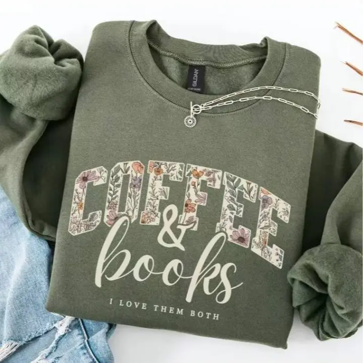 HappyShift - Coffee & Books Sweatshirt, Cute Book Lover Sweatshirt, Book Club Shirt, Cozy Reader Gift, Teacher Back to School Graphic Crewneck