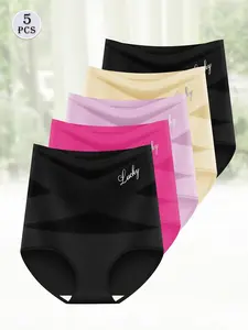 5 Pack Plus Size High Waist Control Fit Women's Underwear, Breathable Mesh Cross Control Ice Silk Seamless Everyday Elegant Panties