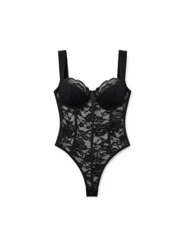 ALIELNOSIRRAH 'Lace Dream' Women's Goth Black Lace Sheer Spaghetti-Strap Bodysuit Top, Floral Style Festival Lingerie