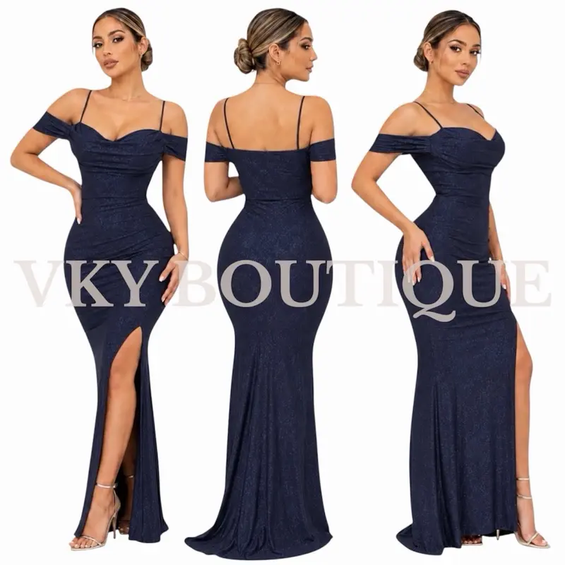 Valeria Shimmer Off-Shoulder Slit Maxi LY Dress