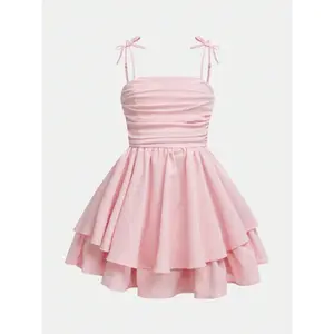 Tween Girls' Woven Solid Color Bubble Pleated Double Layer Dress Casual Strappy French Fairy Dress,Elegant Long Sleeve Cake Dress, Great For Casual & Daily Wear & School Daily In Autumn & Winter, For Christmas ,Vacation, Party Wea