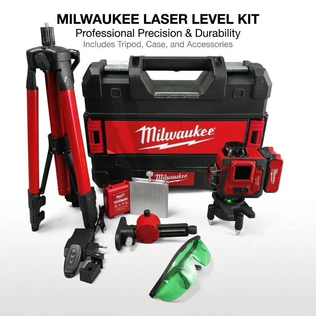 Milwaukee Laser Level Combo Pack, Complete Measuring Set with Laser Level Unit, Green Beam, Self-Adjusting Precise Alignment, Stable Support, Built-In Tripod Thread & Protective Case for Tile Laying, Ceiling Framing, Framing Tasks (Construction Workers)