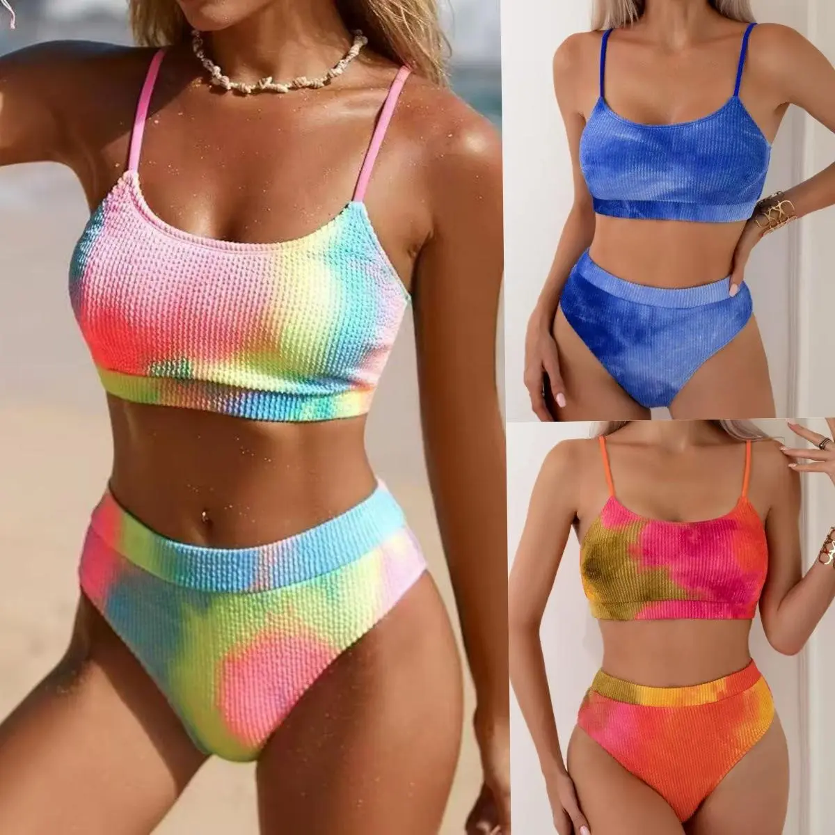 Tie Dye Ribbed Two Piece Bikini Set for Women, Spaghetti Strap Cropped Top Bathing Suit with High Waist, Removable Pads Quick Dry Swimwear, Flattering Slimming Beachwear, Summer Vibes Vacation Ready