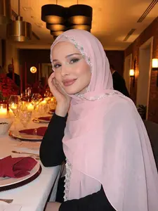 Women's Chiffon Embroidered Headscarf, Muslim Headscarf, Daily Wear, Premium Quality, Floral Embroidery, Fashionable and Elegant, Sun Protection