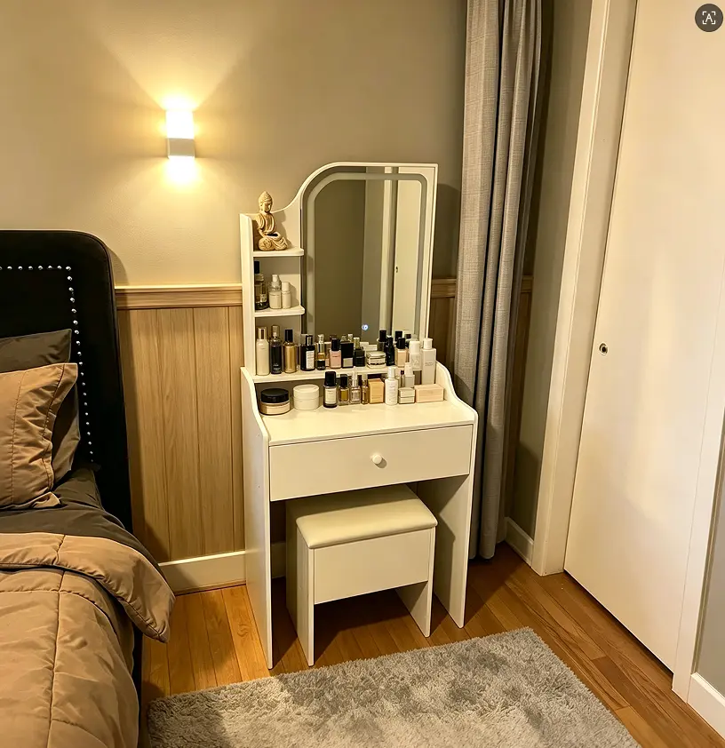 Modern vanity set with lighted mirror, stool, and makeup storage hidden capacity
