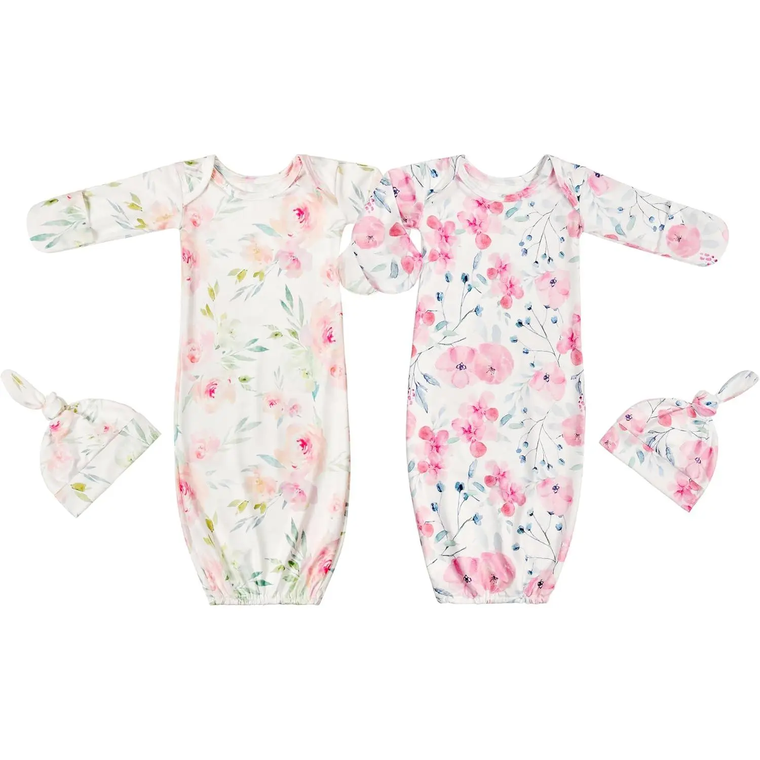 Baby 2-Piece Pajamas Set, Long Sleeve Polyester Coming Home Nightgown with Hat, Ideal Baby Shower Gift, Infant Pajamas, Sleepwear Outfits, Graphic, Indoor, Soft Fabric, Newborn, Print Sleepwear, All Season, Elastic Hem, Flexible Neck