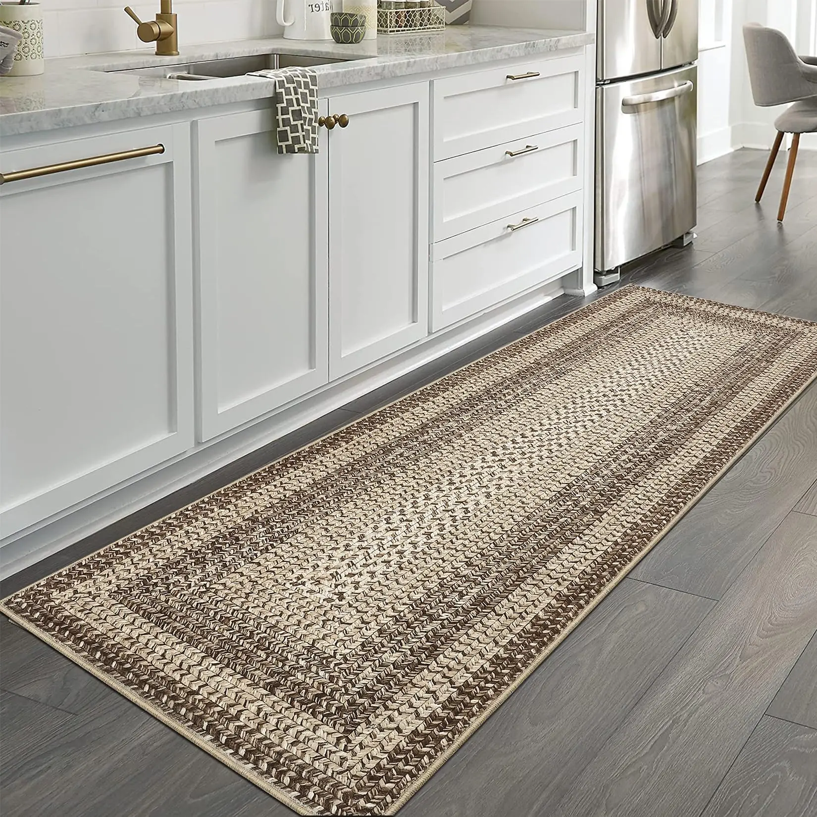 2x8 Runner Rug Braided Print Farmhouse Rug, Runner Washable Non Slip, Low Pile Kitchen Rugs Entryway Runners Laundry Mat Non-Shedding Foldable Thin Bedside Carpet (Camel)
