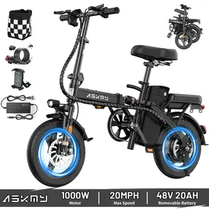ASKMY E14 Lightweight Foldable Electric Bike, 1000W Peak Motor, 48V 20Ah Removable Battery, Up to 45 Miles Long Range, 14” Tubeless Tires, Front & Rear Dual Disc Brakes, Dual Seat Design, UL Certified Battery, Urban Commuter Electric Bike