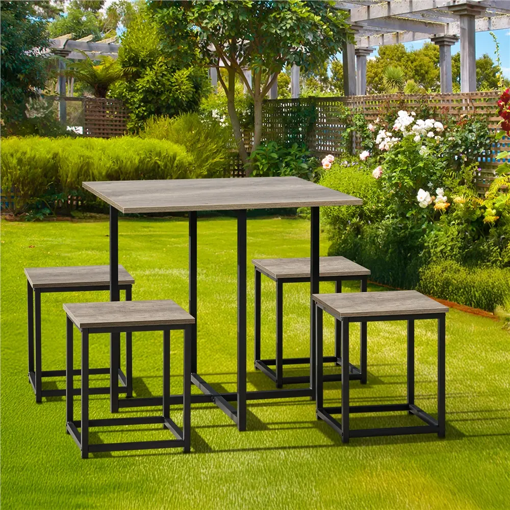 Yaheetech 5-Piece Industrial Compact Dining Table Set with 4 Stools - Wood Furniture Sets Table, Space-Saving Indoor Kitchen Solution for Apartment, Small Space, Wood Set