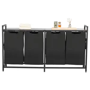 VEVOR 4 Section Laundry Sorter, Large Laundry Hamper with Metal Frame and Wooden Tabletop, Freestanding Storage Organizer Baskets with Pull-Out 600D Oxford Cloth Bags for Dirty Clothes, Bathroom