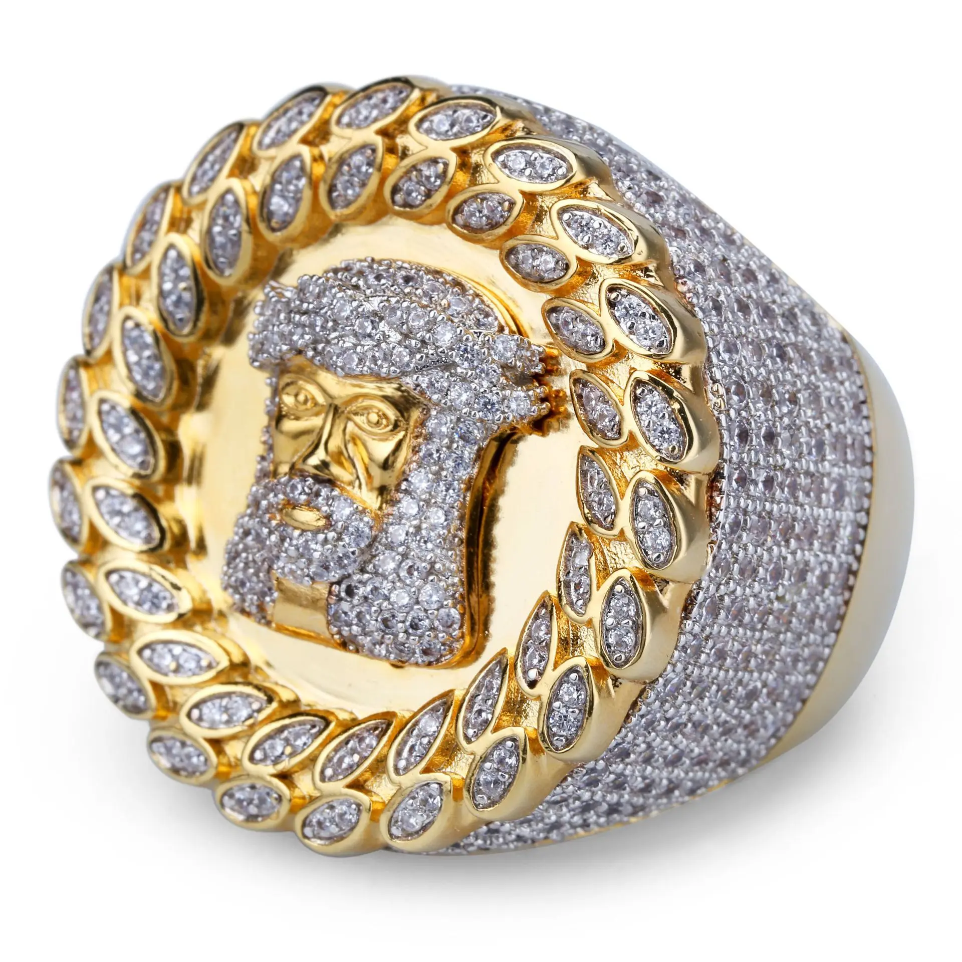 Men's Big-Head Cuban-Style Hip Hop Ring, Personalized Micro-Encrusted Cubic Zirconia Iced Out Fashionable Jewelry, Goldtone Rhinestone Decor Ring, Beautiful Rings
