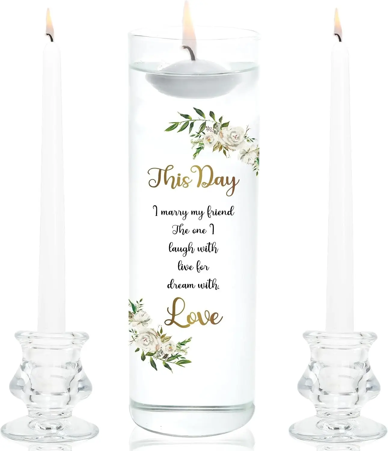 Unity Candles with Glass Holder for Wedding Ceremony - Unity Candles for Wedding, Religious Ceremony Ideas Marriage Decoration Accessories Set for Newly Couple Anniversary Church (Flower)