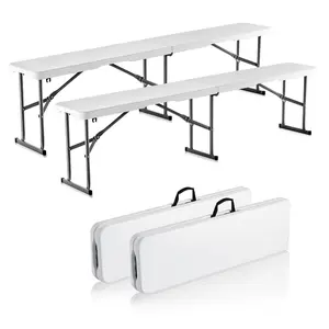 【Father's Day】VEVOR Plastic Folding Bench, 6 FT Portable Folding Bench, Smooth HDPE Waterproof Outdoor Bench, Picnic Camping Dining Seat with Carrying Handle, for Garden Soccer Entertaining Activity, White (2 Pack)