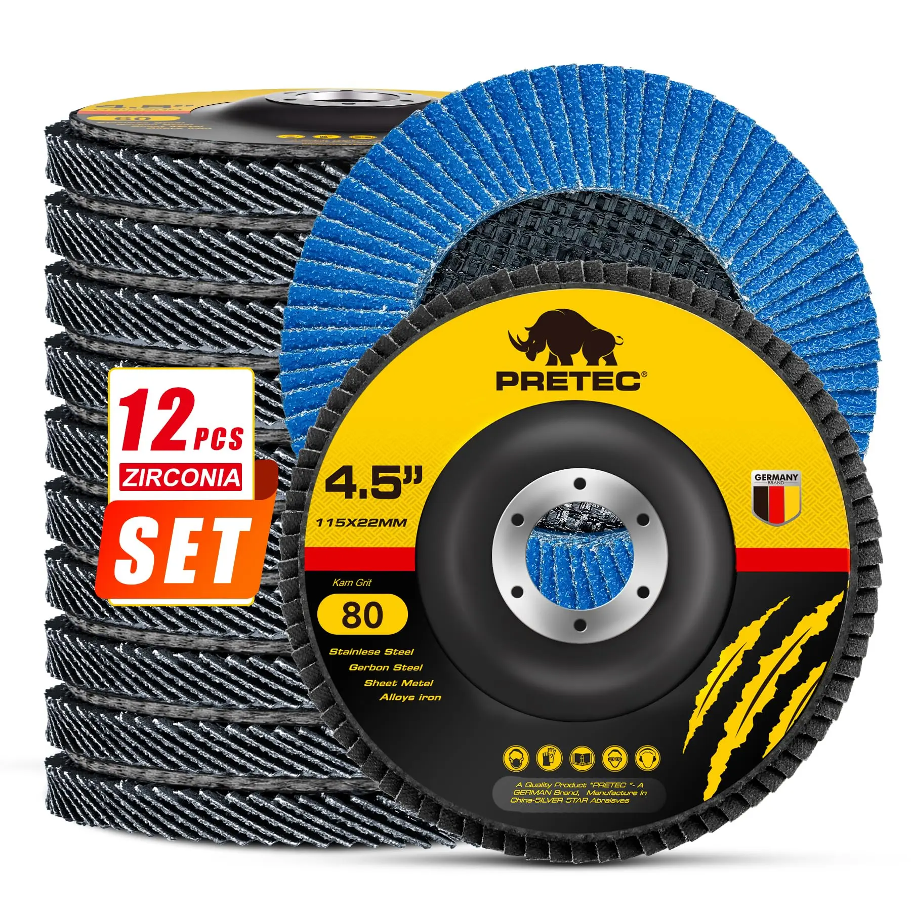 Flap Discs 4 1/2 for Angle Grinder, 12 Pcs Flap Discs 80 Grit, 4.5" x 7/8" High Density Zirconia Type 27 Flap Sanding Disc for Grinding, Rust Removal, Sanding and Finishing - 12 Packs