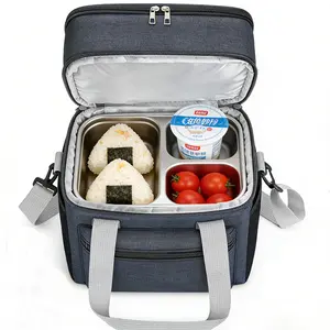 Large capacity double-layer insulated lunch bag, PEVA waterproof and leak proof lunch bag inside, dual-use for picnicking and commuting - keeping hot and cold for 6 hours, foldable portable lunch bag