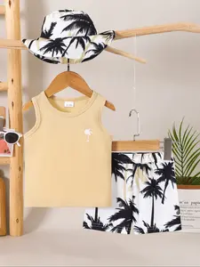 Boys' Coconut Tree Print Vest Shorts Set with Hat Outfit, Summer Beach Vacation & Daily Wear, Comfortable Cotton for Kids